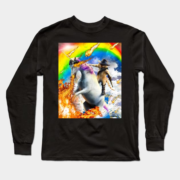 Cowboy Space Cat On Rainbow Fire Unicorn Long Sleeve T-Shirt by Random Galaxy